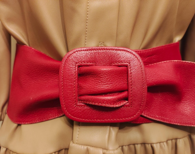 90's Vintage Extra Wide Red Real Leather Adjustable Belt