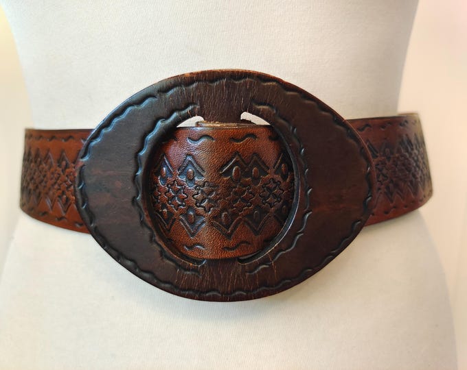 80's Vintage Brown Embossed Real Leather Adjustable Belt