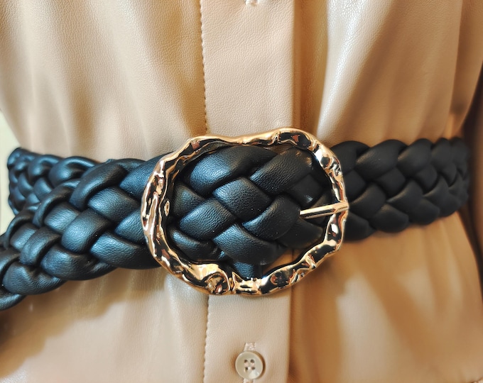 Black Woven Faux Leather Adjustable Belt With Golden Metal Buckle