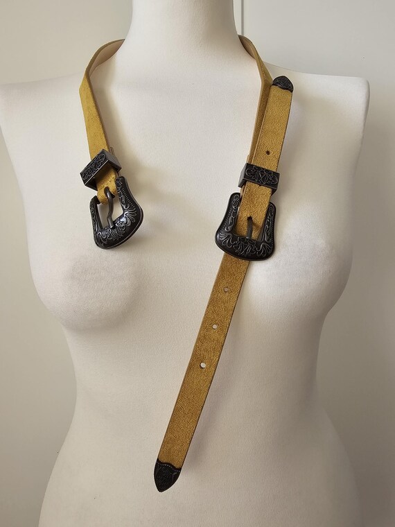 Vintage-Inspired Double Oval Buckle Belt in Mustard Yellow Mustard Yellow Belt With Double Metal Buckle - Etsy main image 3
