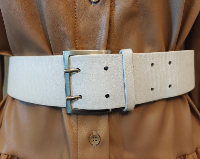 White Real Leather Double Prong Belt by Solar
