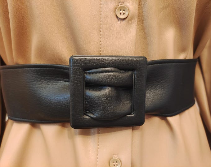 80's Vintage Wide Black Faux Leather Adjustable Belt
