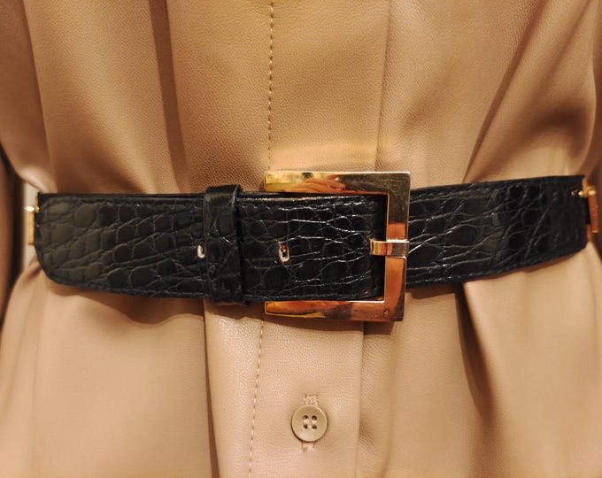 90's Vintage Black Real Leather Belt With Golden Metal Elements by Guy Laroche Made in France