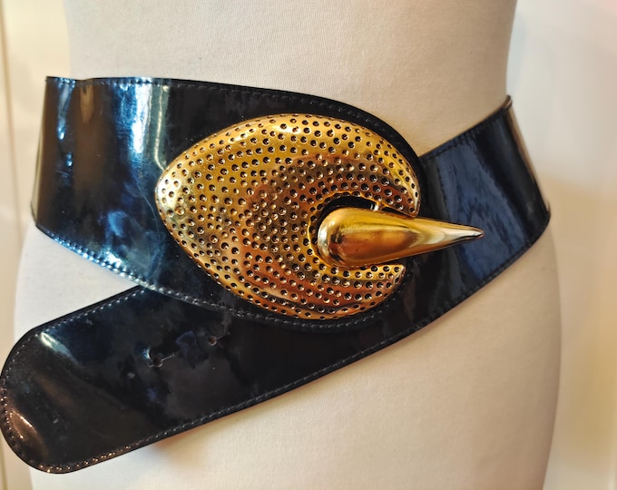 80's Vintage Extra Long Wide Black Faux Leather Patent Belt With Big Golden Metal Buckle
