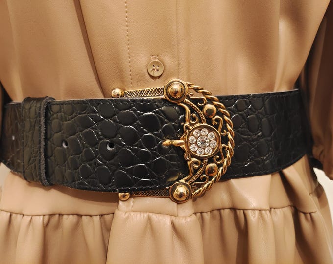 90's Vintage Wide Black Real Leather Belt With Golden Metal Gems Buckle