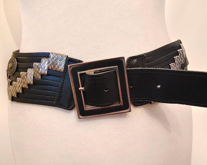90's Vintage Wide Black Real Leather Metal Belt