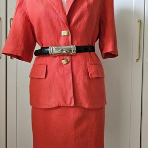 Vintage Red Pure Linen Women Skirt Suit made in Poland