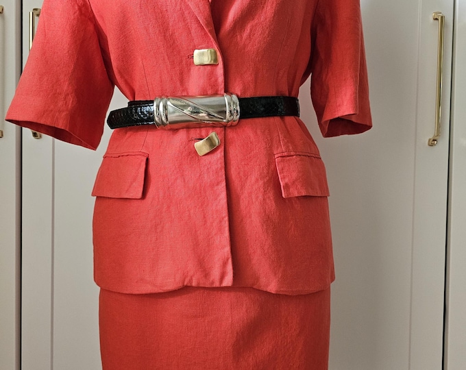 Vintage Red Pure Linen Women Skirt Suit made in Poland