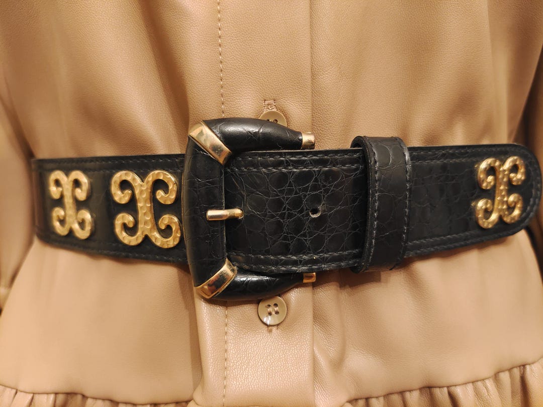 90's Vintage Faux Leather Black Belt With Golden Metal Elements by