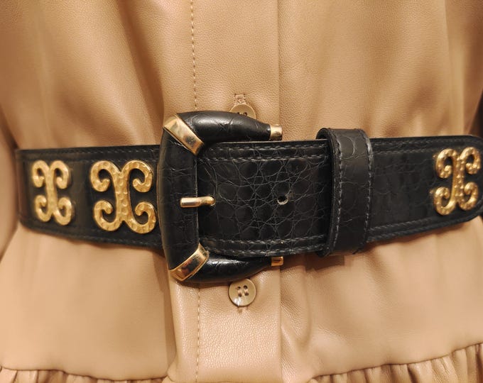 90's Vintage Faux Leather Black Belt With Golden Metal Elements by Bardehle