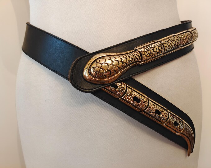 80's Vintage Black Real Leather Heavy Snake Belt