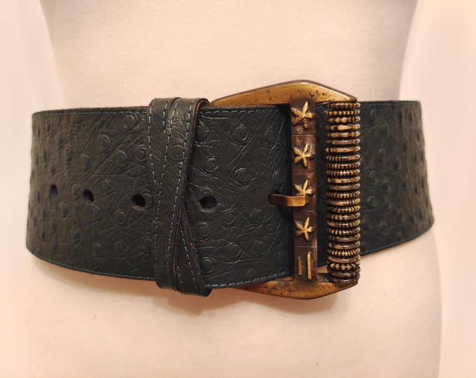 90's Vintage Wide Dark Green Real Leather Thick Belt