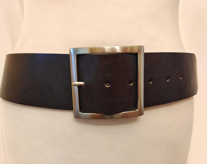 Wide Dark Brown Real Leather Belt With Silver Metal Buckle by S.PA Made in Germany