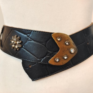Wide Black Real Leather 80&#39;s Vintage Belt With Metal Gems Buckle
