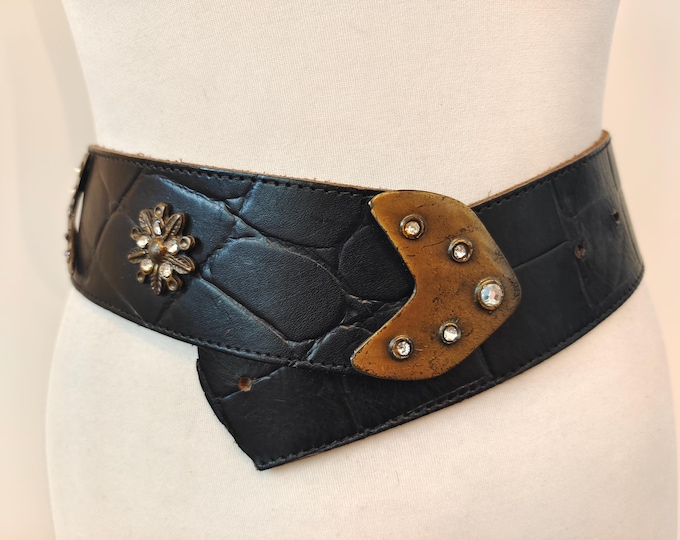 Wide Black Real Leather 80's Vintage Belt With Metal Gems Buckle