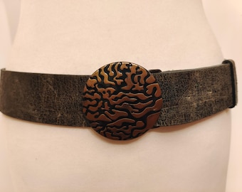 Real Leather Khaki Patent Belt With Round Metal Buckle by Solar