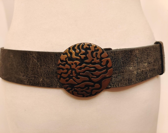 Real Leather Khaki Patent Belt With Round Metal Buckle by Solar