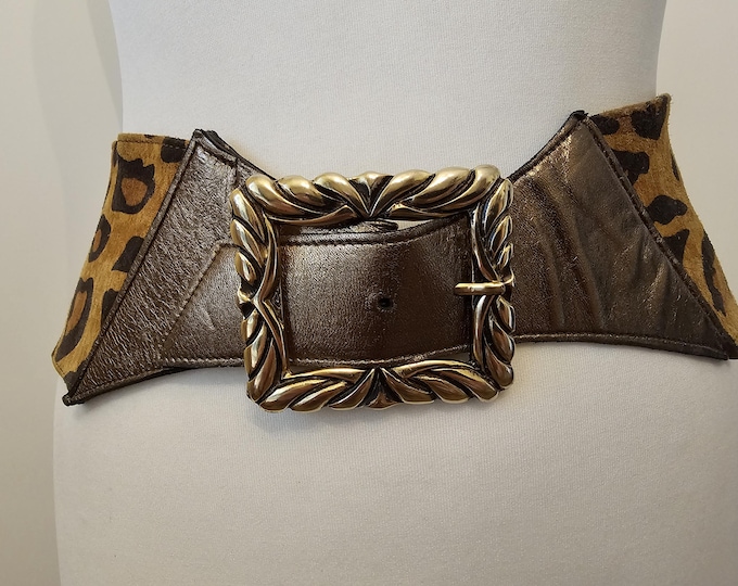 Wide Wild Vintage 80's Animal Print Suede Belt With Golden Leather Buckle