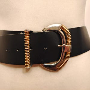 Wide Black Real Leather Vintage 80&#39;s Belt With Silver & Golden Buckle