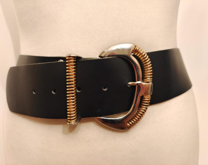 Wide Black Real Leather Vintage 80's Belt With Silver & Golden Buckle