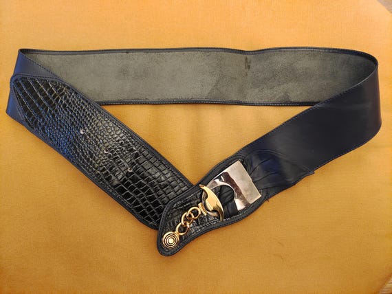 80's Vintage Wide Dark Blue Real Leather Belt With Metal Buckle - Etsy
