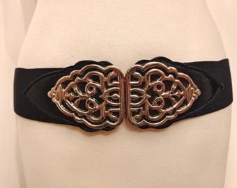 Wide Black Elastic and Faux Leather Belt by Marks & Spencer