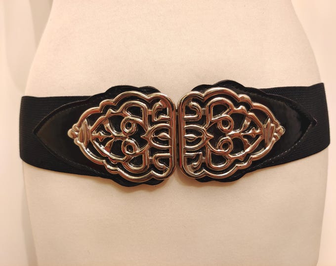Wide Black Elastic and Faux Leather Belt by Marks & Spencer