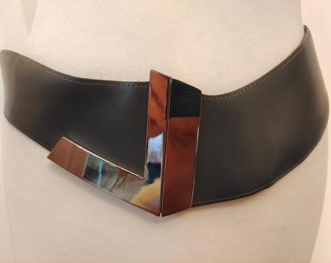 80's Vintage Wide Grey Real Leather Belt With Silver Metal Buckle