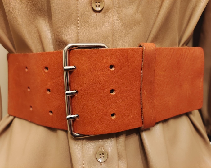 Wide Brown Elastic & Leather Belt With Silver Metal Buckle by HM Made in Sweden