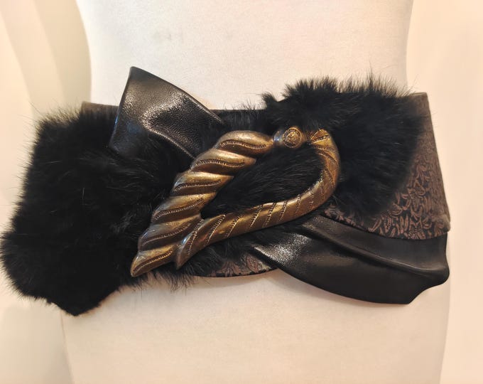 80's Vintage Extra Wide Real Leather Black & Brown Belt With Metal Buckle