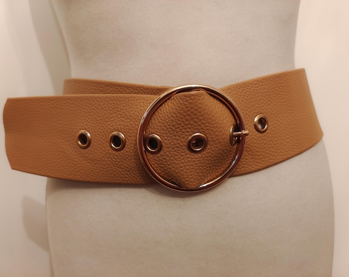 Wide Ligth Brown Faux Leather Belt With Golden Metal Buckle