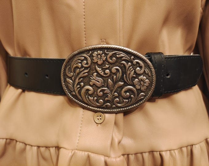 90's Vintage Black Real Leather Belt With Silver Metal Flowers Buckle Made in Holland