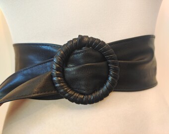 80's Vintage Wide Black Faux Leather Adjustable Belt