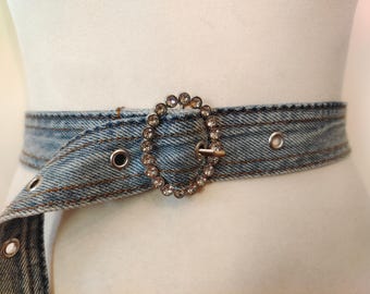 Regular Blue Jeans Belt With Gems Buckle