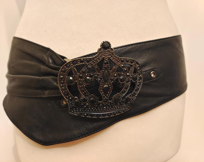 Extra Wide Black Soft Real Leather Belt With Metal Gems Crown Buckle