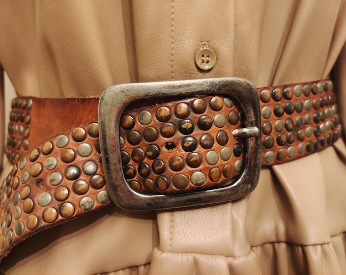 Heavy Brown Real Leather Studded Belt