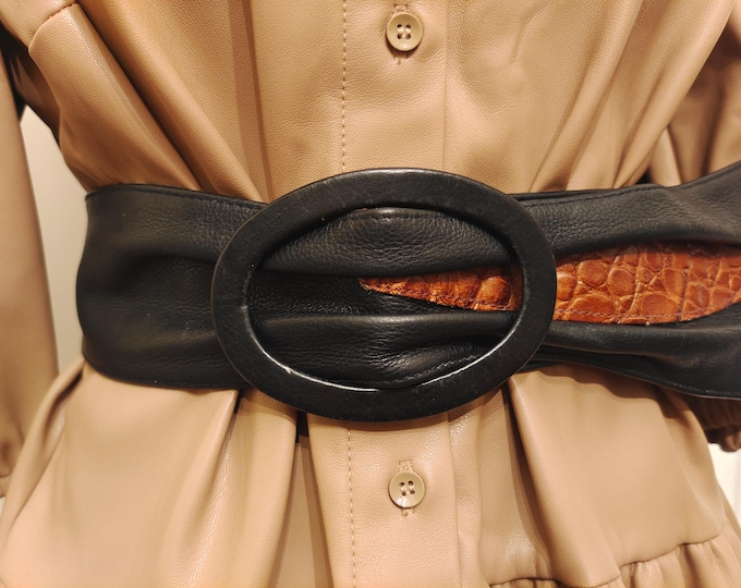 80's Vintage Wide Black Real Leather Adjustable Belt by Astor