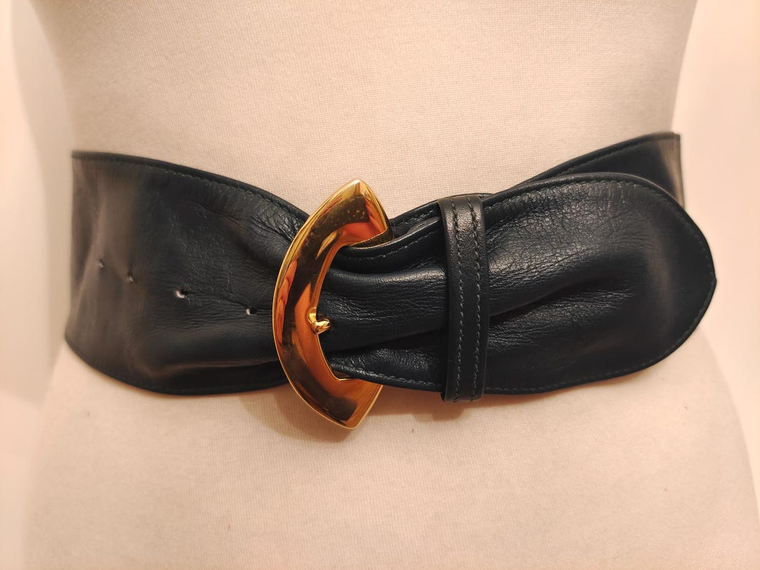 Wide Dark Green Real Leather 80's Vintage Belt With Golden Buckle