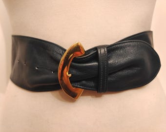 Wide Dark Green Real Leather 80's Vintage Belt With Golden Buckle by Morris Moskowitz