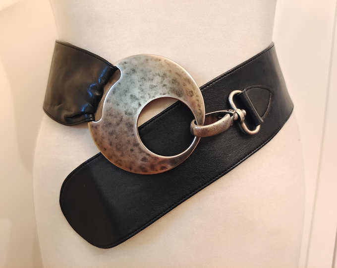 Wide Black Faux Leather Belt With Big Silver Buckle by Robako Ceintures