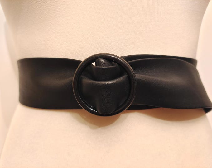 Vintage 80's Black Real Leather Adjustable Belt With Ring Buckle