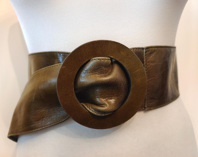 Wide Olive Green Real Leather Adjustable Belt
