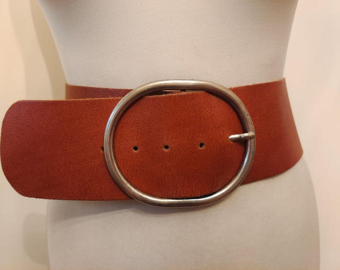Wide Brown Real Leather Belt With Big Silver Metal Buckle
