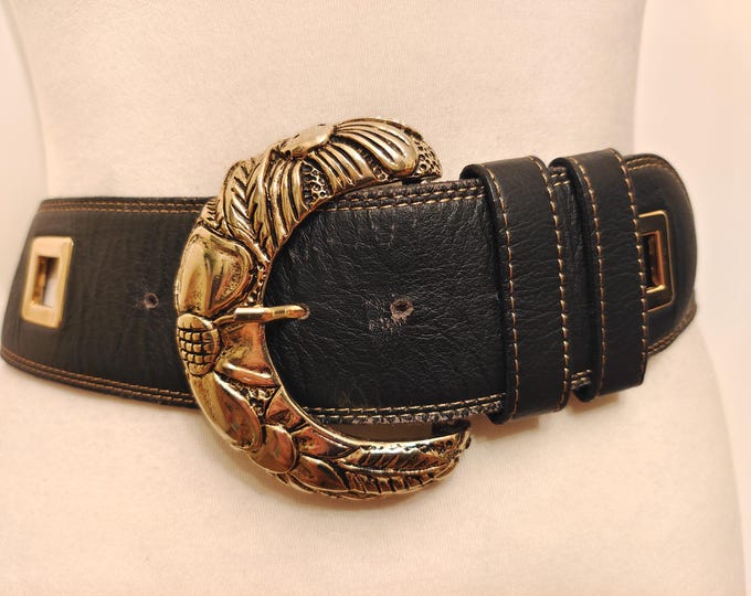 80's Vintage Black Real Leather Belt WIth Golden Metal Buckle