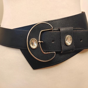 90&#39;s Vintage Wide Black Faux Leather Belt With Gems Buckle
