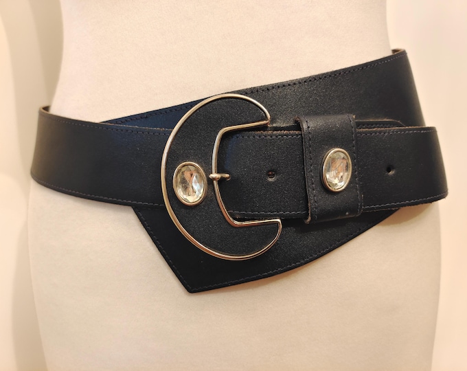 90's Vintage Wide Black Faux Leather Belt With Gems Buckle