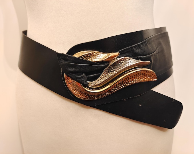 Wide Black Real Leather 80's Vintage Belt With Big Golden Silver Buckle