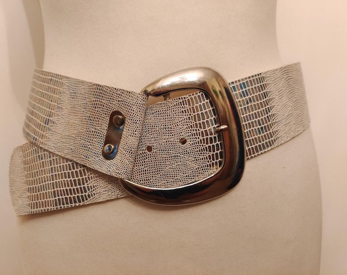 80's Vintage Wide Faux Leather Belt With Big Silver Metal Buckle