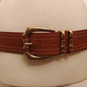 Wide Brown Real Leather Vintage 80&#39;s Belt With Golden Buckle