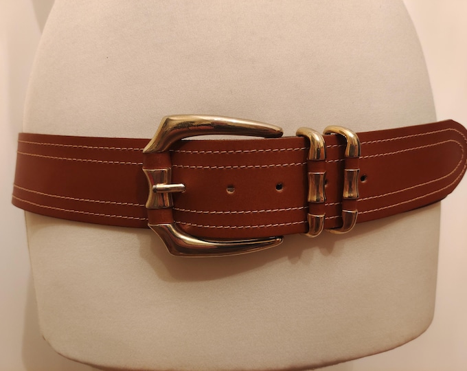 Wide Brown Real Leather Vintage 80's Belt With Golden Buckle